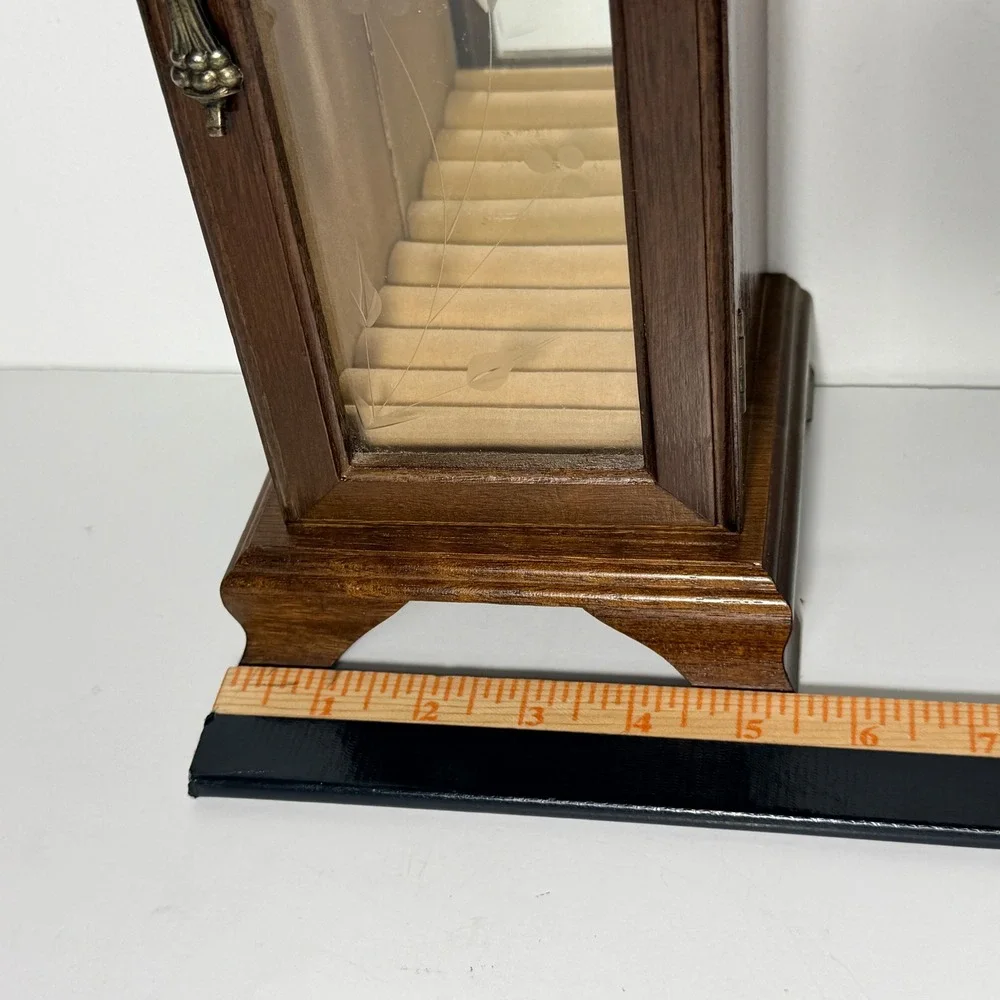 Vintage Wood Jewelry Cabinet Necklace Carousel Etched Glass Mirrored Ring Holder